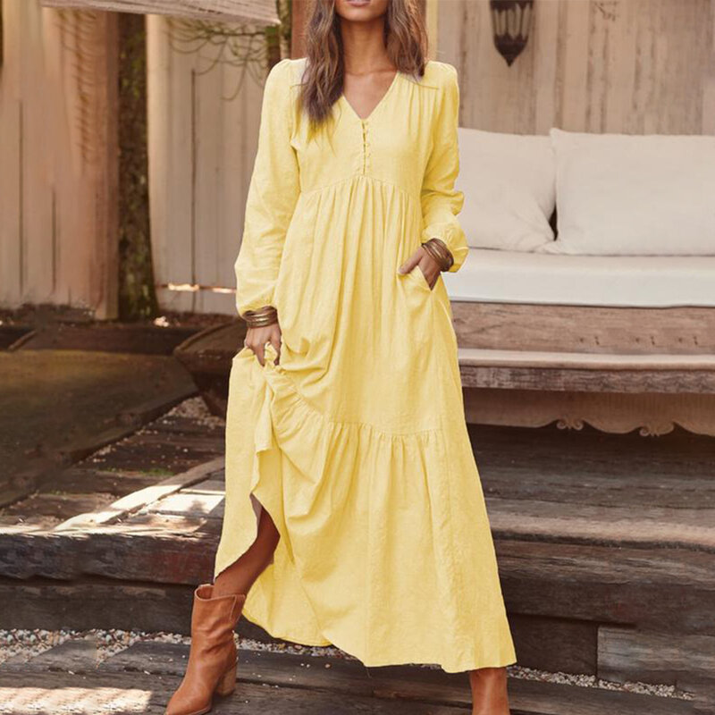 Vestido largo de lino y algodón para mujer, informal de túnica Color sólido, Vintage con botones y cuello en V, manga larga