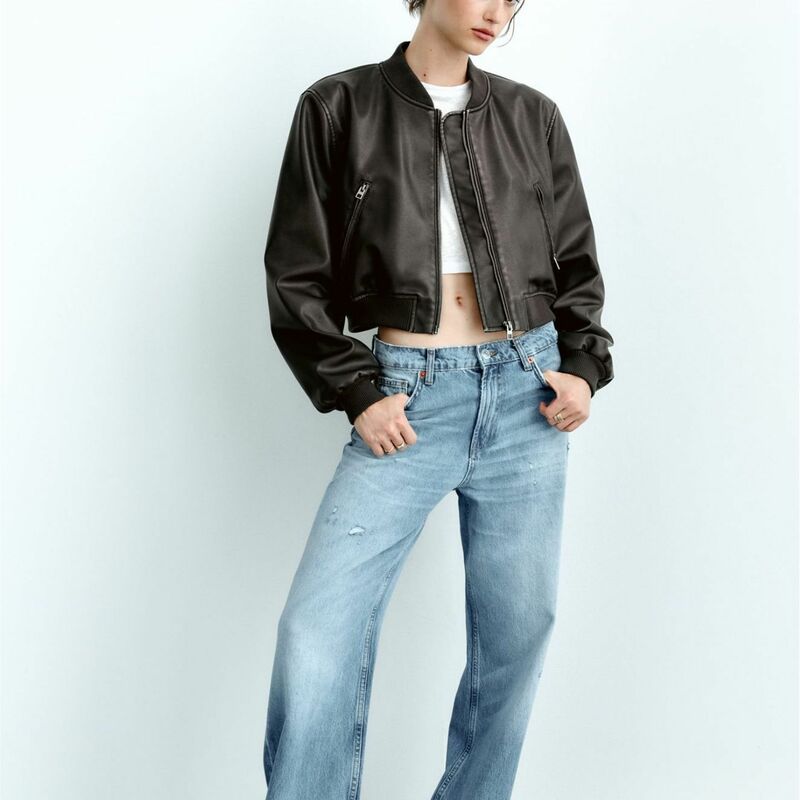2024 Ladies New Leather Street Fashion Short Slim Stand Collar moto Pu Leather Jacket