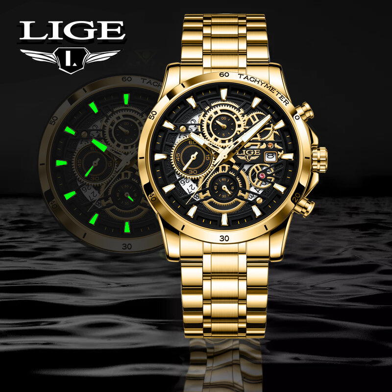 LIGE-Relogio Masculino 남성 시계, 럭셔리 골드, 빅 다이얼, 스테인레스 스틸, 남성 캐주얼 드레스 시계, 밀리터리 쿼츠 손목 시계