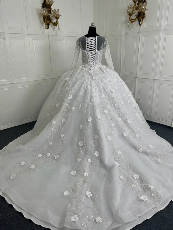 Vestidos de casamento de renda luxuosos para mulheres, manga cheia, o-pescoço, apliques, tule, vestido de noiva, 2024