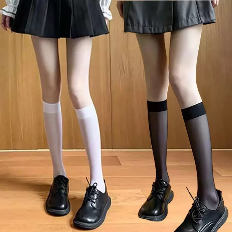 Mulheres estilo japonês bezerro meias altas, meia tubo médio, ver através, verão pensar, meias femininas, desgaste de estudantes