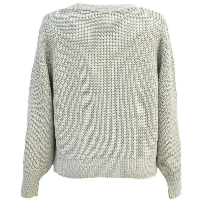 Kardigan rajut kerah V wanita, Sweater lengan lentera Solid 2024, atasan Crop longgar berkancing, pakaian luar musim gugur dan dingin