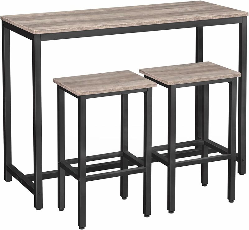 Meja Pub persegi panjang dengan 2 bangku untuk ruang kecil, Meja tinggi, Set meja sarapan 3 potong, bingkai logam kokoh