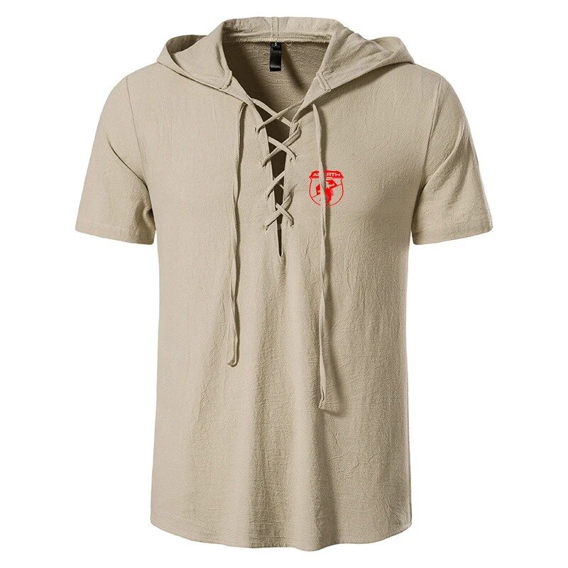 2024 Men's Summer Abarth Fashion Frenulum Collar Cotton Linen Hooded Short Sleeve Casual T-Shirt Fashion Printing Tops