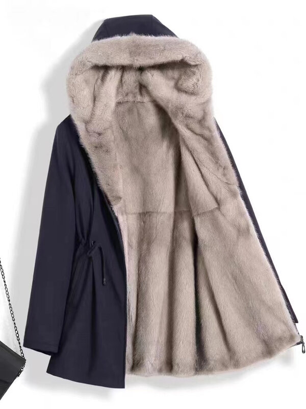 Abrigo de piel de mapache de imitación para mujer, abrigo cálido de visón falso extraíble con cuello de piel, largo medio, Invierno
