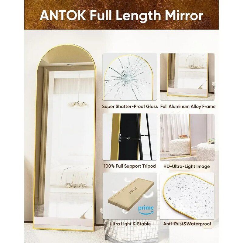 Full Length Floor Mirror, Arched Wall Espelho com suporte, 64 "x 21"