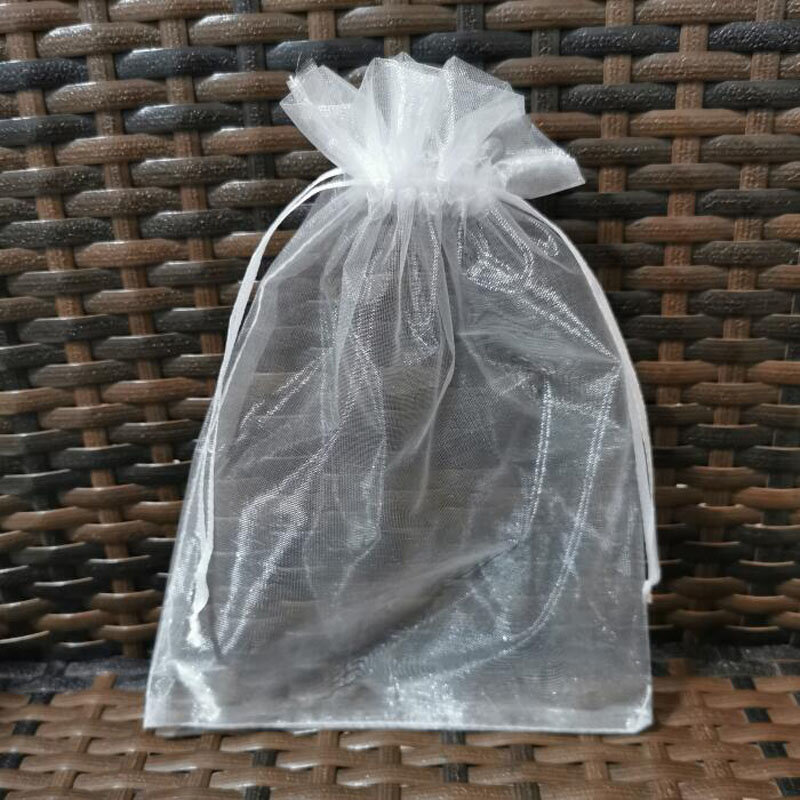 100 unids/lote 5x7 17x23 35x50cm bolsas de Organza blancas grandes bolsas con cordón para joyería cuentas boda fiesta regalo bolsa de embalaje Logo