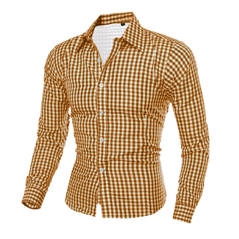 Рубашка мужская клетчатая с отложным воротником, однобортная приталенная деловая офисная, с длинным рукавом, для фитнеса, работы, весна-лето