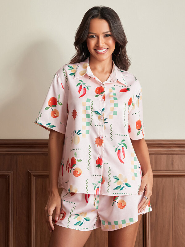 Women 2 Piece Floral Pajamas Set Y2k Long Sleeve Button Down Shirt Side Split Shorts Set Sleepwear