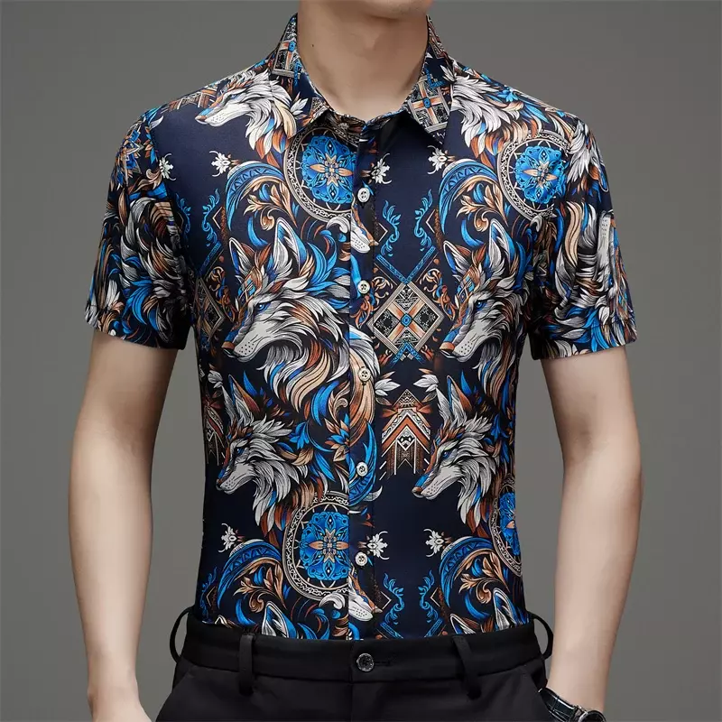 Camisa de seda gelo masculina de manga curta estampada floral, camisa casual anti-rugas, sem ferro, verão, nova