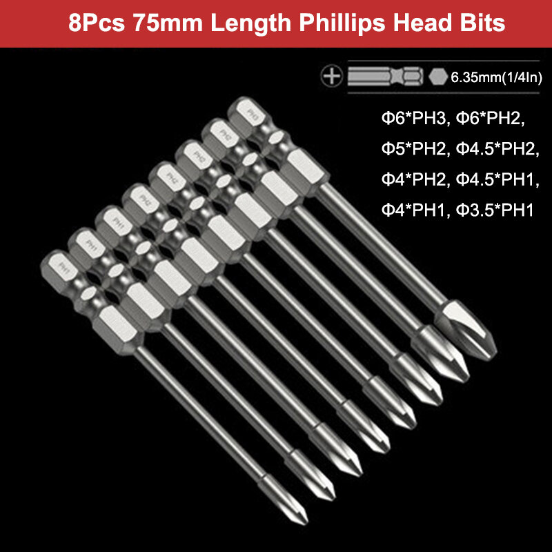 8Pcs Impact Tough Phillips Head Screwdriver Bits S2 Steel 100mm Torque Electric Screwdriver Bits Magnetic Cross Head Drill Bits
