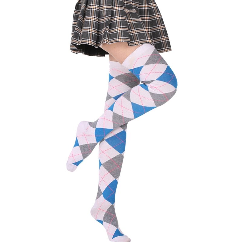 여자 학생 허벅지 높은 양말 빈티지 다채로운 아가일 격자 무늬 무릎 스타킹 이상