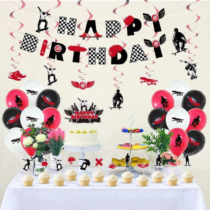Cheereveal Set balon lateks hitam merah dekorasi pesta bertema Skateboard Set huruf spanduk kue perlengkapan pesta ulang tahun