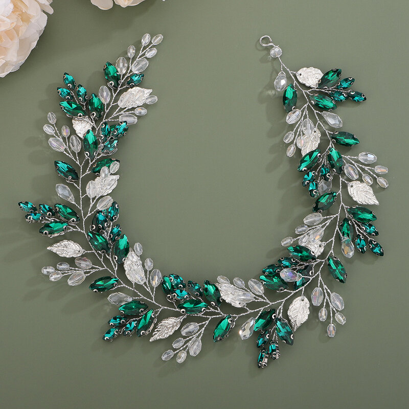 Bando perak berlian imitasi mewah untuk pengantin daun kristal buatan tangan aksesoris rambut pernikahan perhiasan kepala Pesta biru hitam