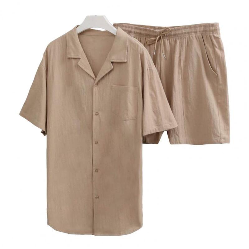 Conjunto casual de lapela masculino, cor sólida, manga curta, peito único, calções de cintura com cordão