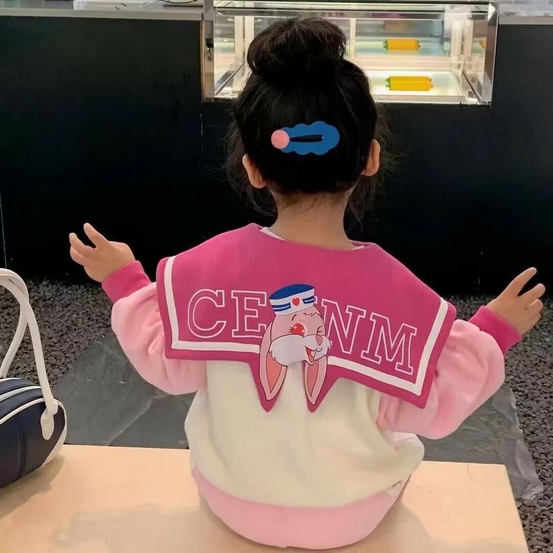 Children's Cartoon Set Spring and Autumn New Products for Girls Korean Casual Polo Collar Long sleeved Sweater Pants 2PCS