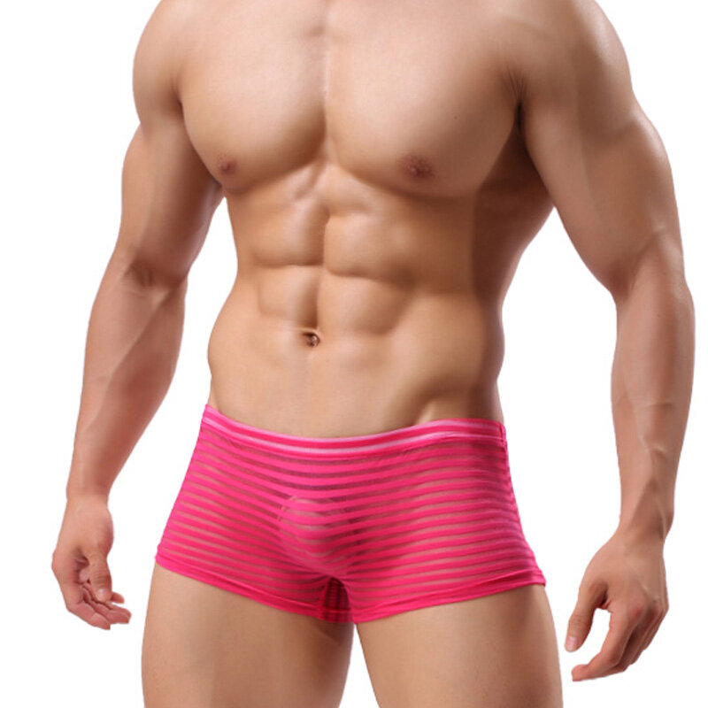 Трусы-боксеры мужские прозрачные сетчатые, пикантное нижнее белье, дышащие удобные тонкие мягкие шорты в полоску