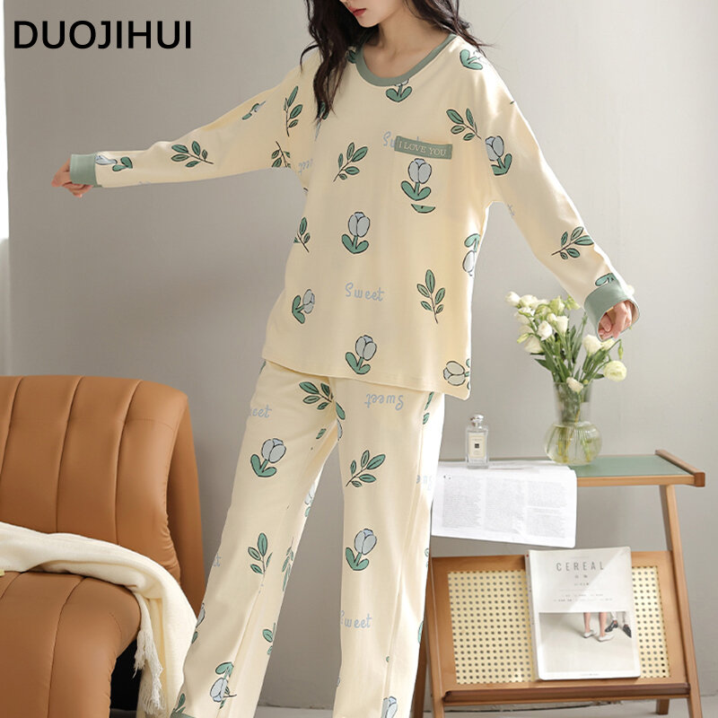 DUOJIHUI Fashion Floral Printed Simple Female Pajamas Set Chic with Chest Pad Pullover Loose Pant Basic Casual Pajamas for Women