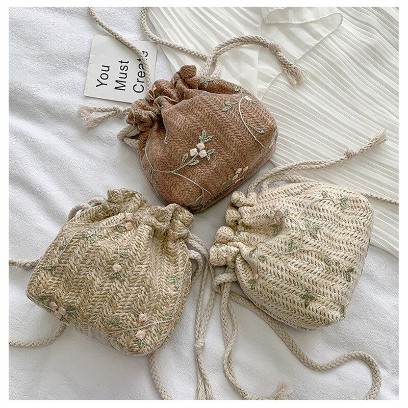 Bolsos de hombro pequeños con cordón para mujer, bolsos de playa de paja con bordado de flores, bolsos cruzados de encaje para viaje