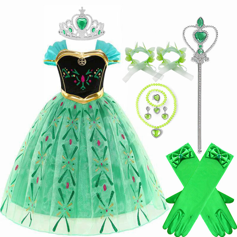 Costume de Princesse Anna à Paillettes pour Fille, Robe Courte de Carnaval, Cosplay, Tenue de ixd'Anniversaire Verte