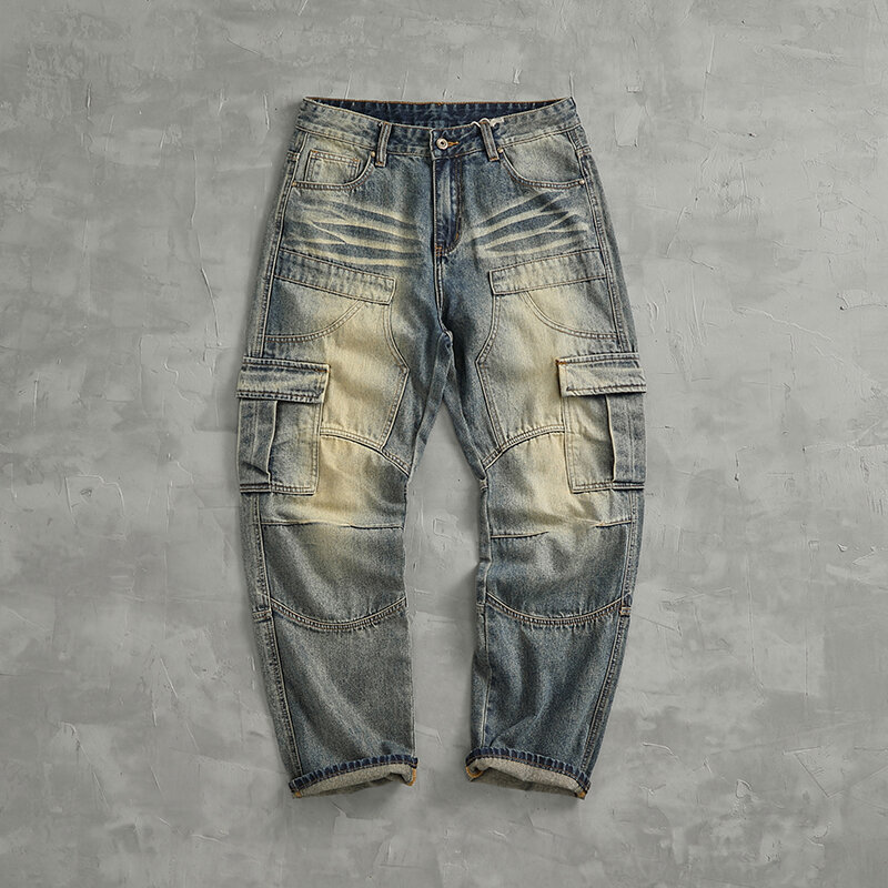 Calça reta de emenda 3D solta masculina, jeans de rua alta, moda americana, perna larga, arrasto de ferramental, alta qualidade