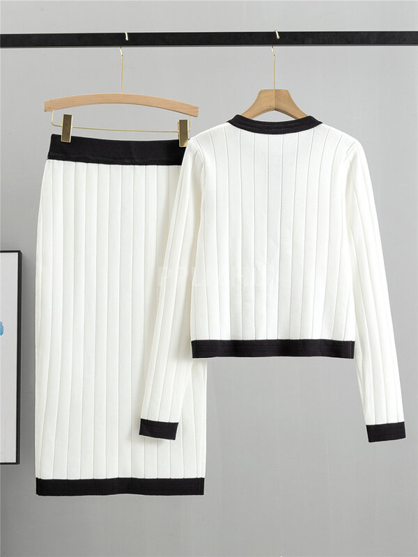 Корейский винтажный вязаный комплект с юбкой, женский новый облегающий короткий свитер с круглым вырезом, кардиган, костюмы из двух предметов, костюм из двух предметов