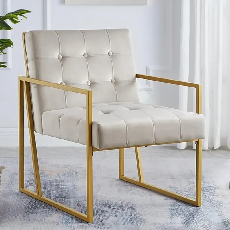 Chaise d'appoint touffetée à boutons en velours avec support en métal doré, chaises de café modernes, chaise en croûte de cuir, salon, 73