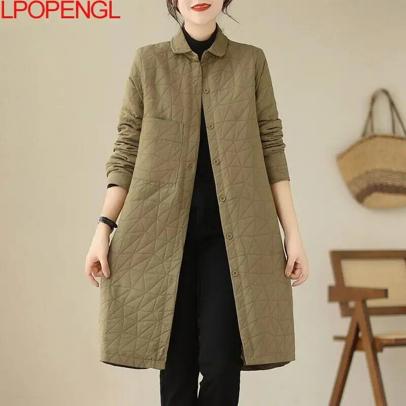 New Fashion Woman Autumn And Winter Vintage Solid Color Mid-length Diamond Long Sleeves Single Breasted Wide-waisted Cotton Coat