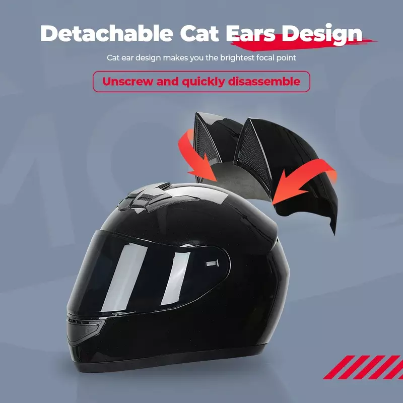 猫耳つきフルフェイスモーターサイクルヘルメット、DOT承認、取り外し可能、女性男性用のバイクアクセサリー、通気性、彼女や妻へのギフト