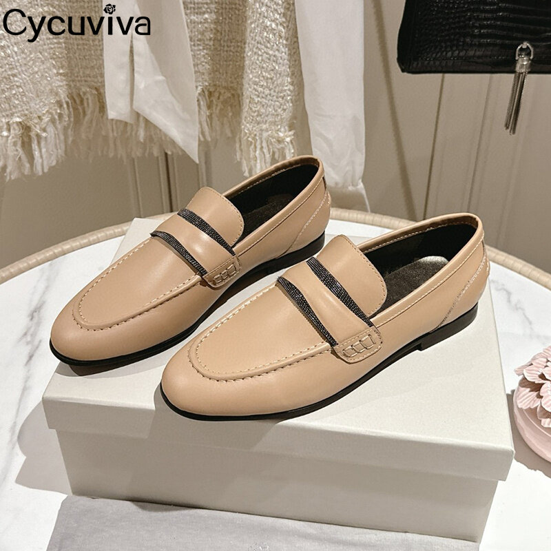 New Black Real Leather Flat Loafers Shoes Woman Round Toe Pure White Minimalist Dress Shoes Causal Comfort Walking Shoes Women