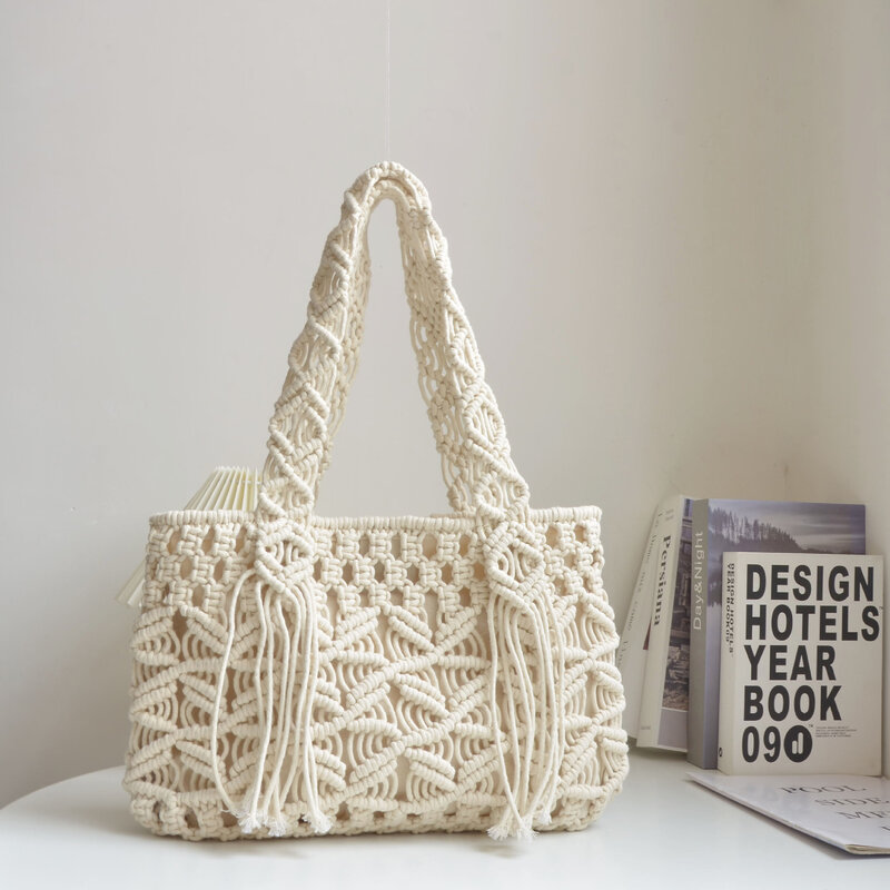 Cotton Rope Hand Woven Bag, Simple And Artistic Beach Vacation Solid Color Shoulder Bag