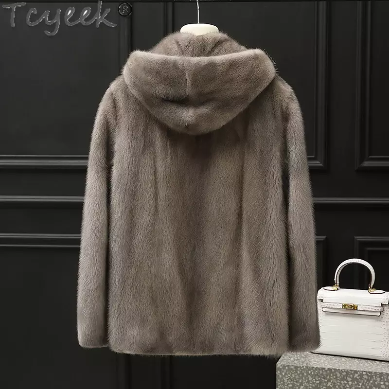 Tcyeek-casaco de pele de vison real para homens, vison inteiro importado, casaco de pele natural, zíper com capuz, novo estilo, roupas de inverno 2023
