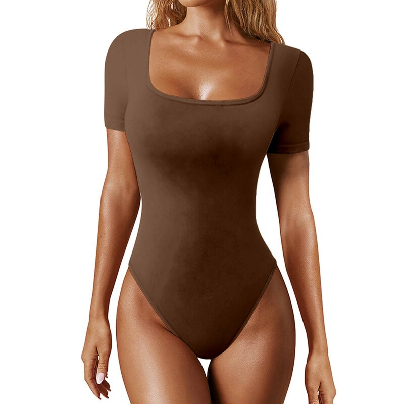 Bodysuit feminino com gola quadrada baixa, mangas curtas, encaixe apertado, macacões de fundo elegantes, monocromáticos, slim fit, sexy