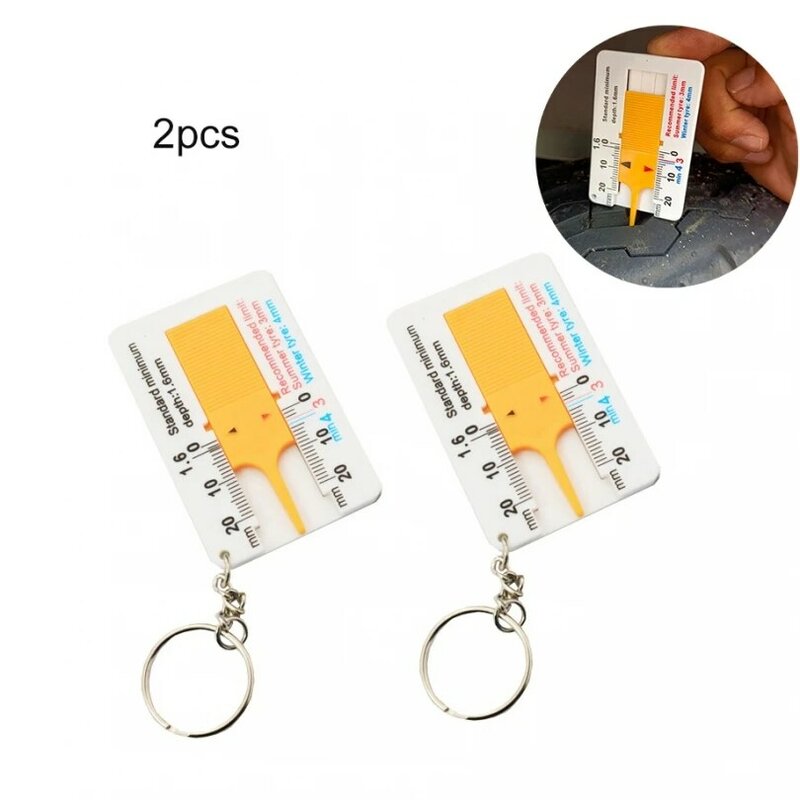 2pcs 0-20mm Plastic Yellow Tyre Tread Depth Meter for Car Motorcycle Trucks with Keychain Portable Depth Indicator Gauge