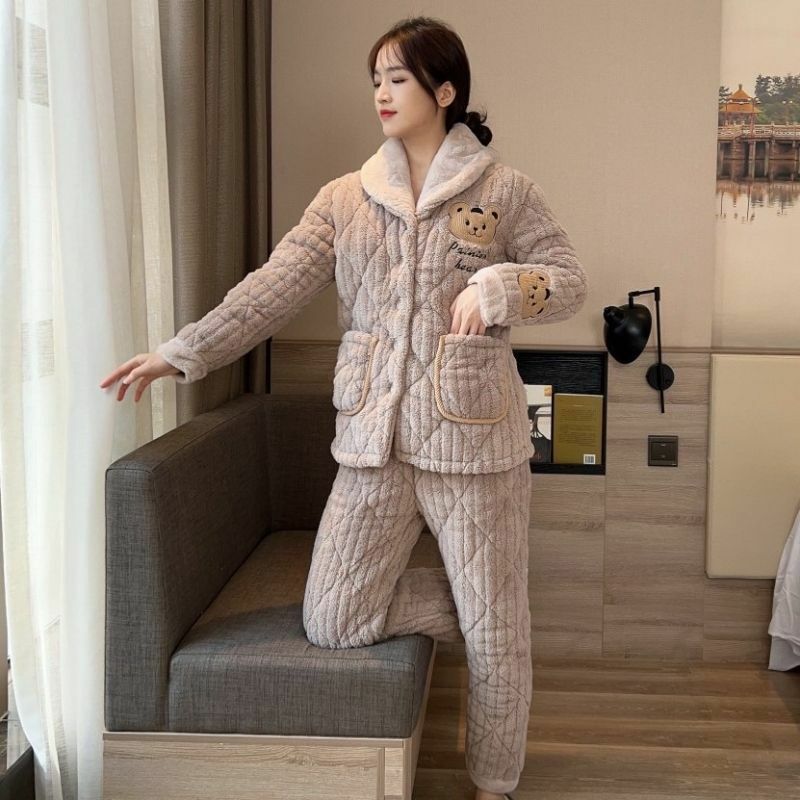 Pijama coral forrado com lã para mulheres, jaqueta acolchoada de algodão, terno quente solto e confortável, roupa de casa, novo, inverno, 2023