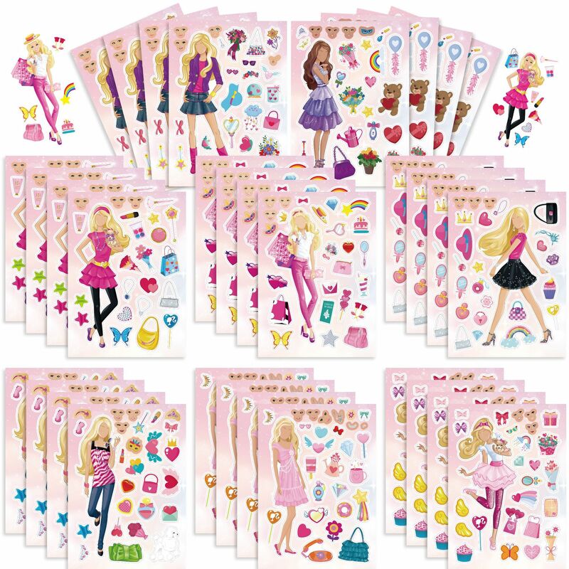 Cartoon Anime Princess Barbie Puzzle para crianças, faça seu próprio jogo DIY, brinquedos educativos para crianças, faça um rosto, 8 pcs, 16 pcs