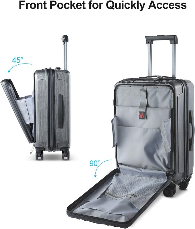 Handbagage 21 Inch Met Voorvak Voor 15.6 "Laptop Lichtgewicht Abs + Pc Dual Control Tsa Lock Spinner Stille Wielen Grey