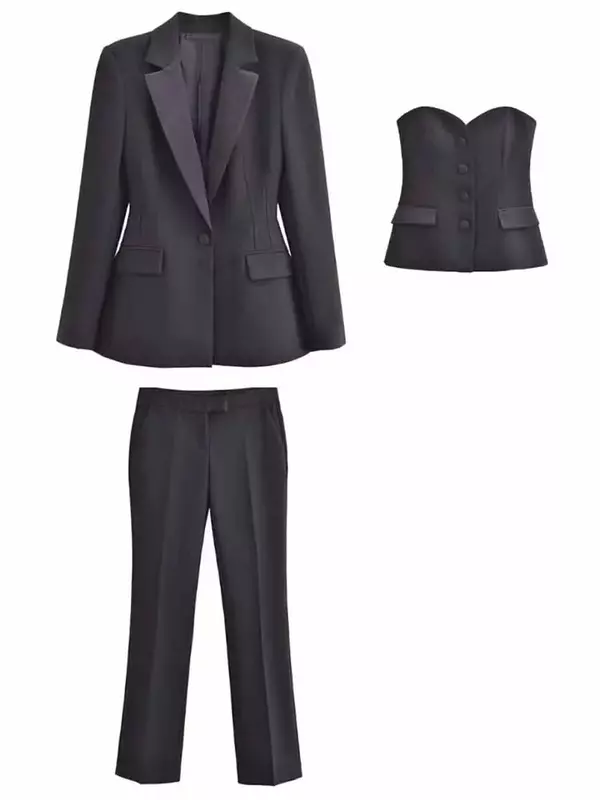 Vestido feminino com peito único, textura cetim, casaco de manga comprida com bolso, top chique, terno estilo vintage, nova moda