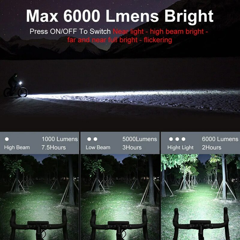 NEWBOLER Luz de bicicleta dianteira 6000 lúmens luz de bicicleta 8000 mAh Lanterna à prova d'água Carregamento USB MTB Lâmpada de ciclismo de estrada Acessórios