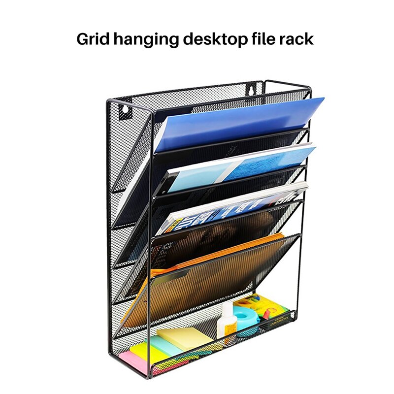 Металлическая сетчатая настенная стойка для файлов, офисный стол, 5-слойный интервал, черный хранение файлов для ноутбука