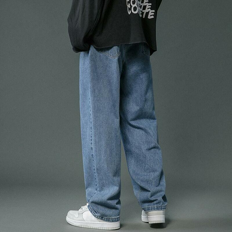 Celana Denim kaki lebar pria, Jeans dicuci gaya Hip Hop kasual klasik untuk Musim Semi dan Gugur