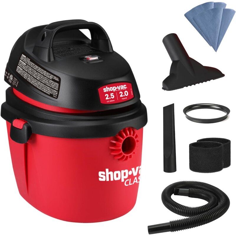 c 2.5 Gallon 2.0 Peak HP Wet/Dry Vacuum, Portable Compact Shop Vacuum with Top Handle, Wall Bracket & Attachments
