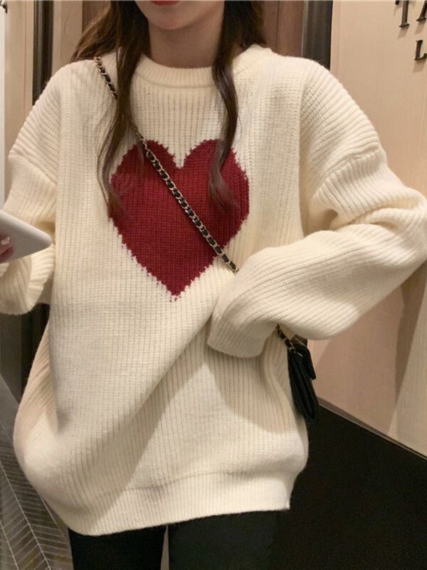 Winter Neue Süße Herz Muster Pullover Retro Harajuku Stil Langarm Pullover Lose Gestrickte Beiläufige Pullover Koreanische Kleidung