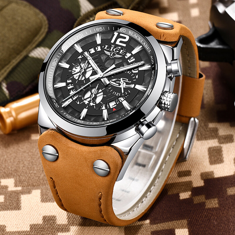 LIGE-reloj analógico de cuero para hombre, accesorio de pulsera de cuarzo resistente al agua con calendario, complemento deportivo Masculino de marca de lujo con diseño militar, 2023