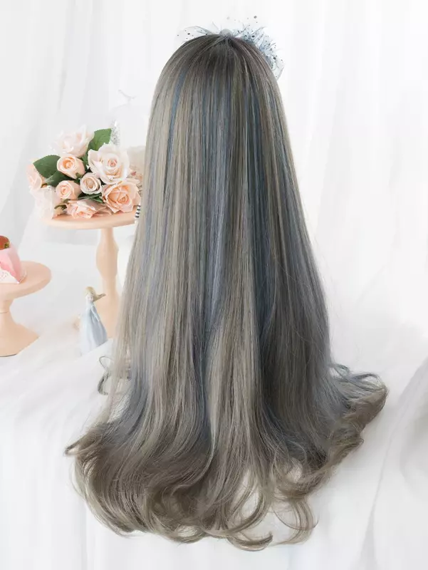 26Inch Silver Gray Highlight Gray Blue With Bang Synthetic Wigs Long Natural Straight Hair Wig for Women Cosplay Heat Resistant