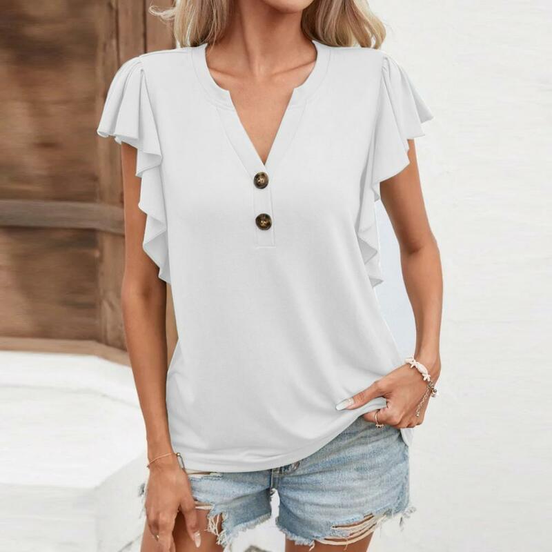Women Ruffle Sleeve Top Summer T-shirt V-Neck Buttons Half Placket Tops Pullover Tops Soft Stretchy Loose T-shirt Streetwear