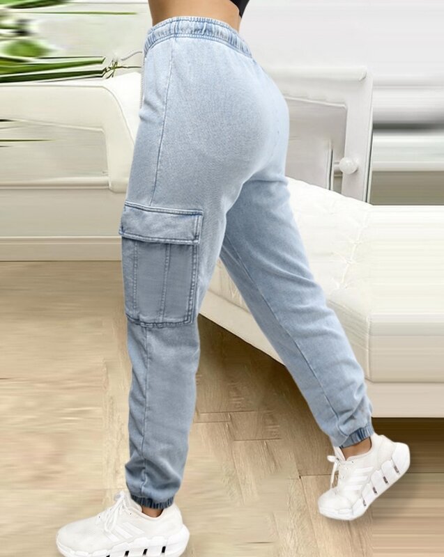 Calça comprida de cintura alta feminina com design de bolso com cordão, jeans algemado cores claras, moda streetwear com renda, 2022
