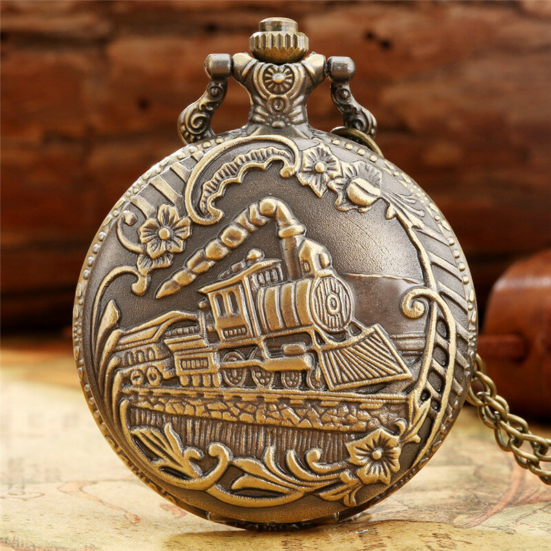 Relógio de bolso com locomotiva a vapor para homens e mulheres, relógio de quartzo retrô, relógio colecionável com corrente longa, presente antigo