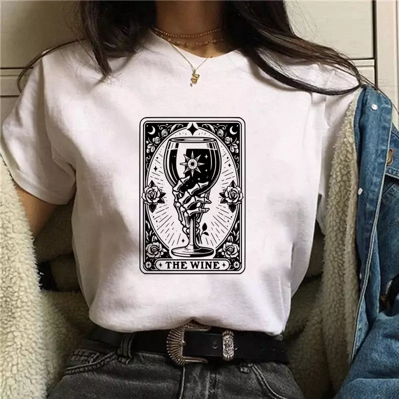 T-Shirt à manches courtes et col rond pour femme, haut rétro, style décontracté, imprimé dessin animé, The Wine Tarot, interconnexion