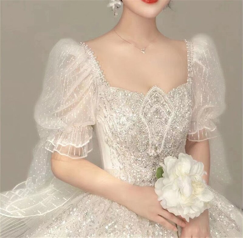 Женское бальное платье, свадебное платье, роскошное блестящее женское платье с квадратным вырезом и пышными рукавами, женское платье для церкви